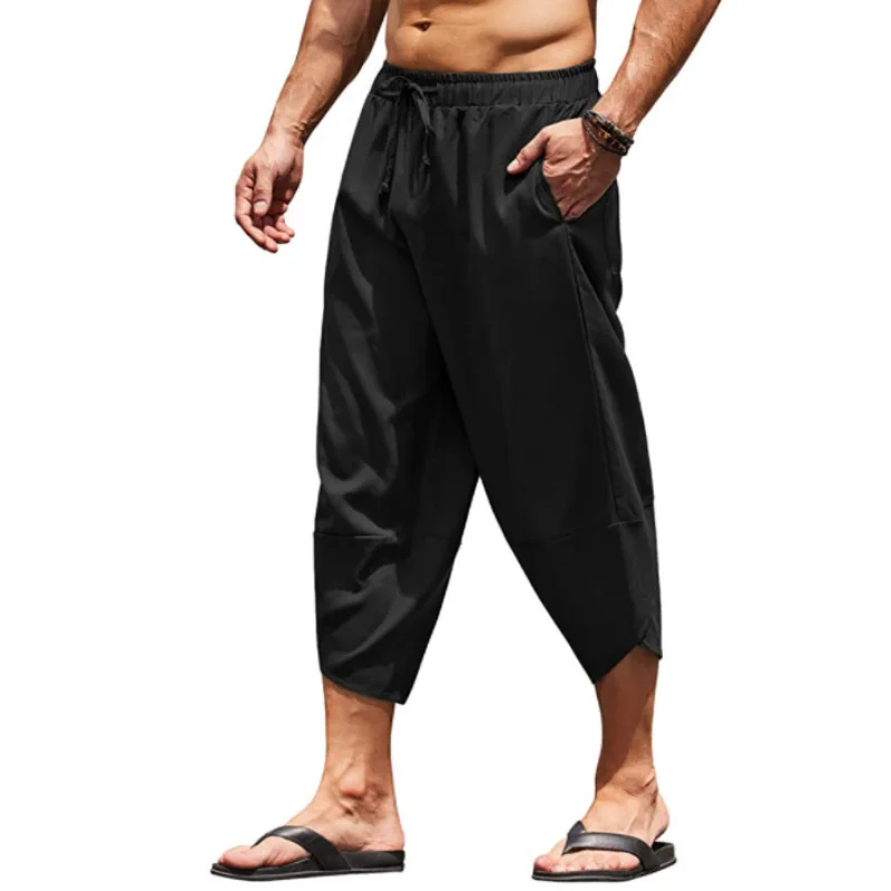 Men Summer Solid Color Capri Pants Harem Shorts Men Elastic Waist Drawstring 3/4 Length Cropped Trousers Baggy Sweatpants