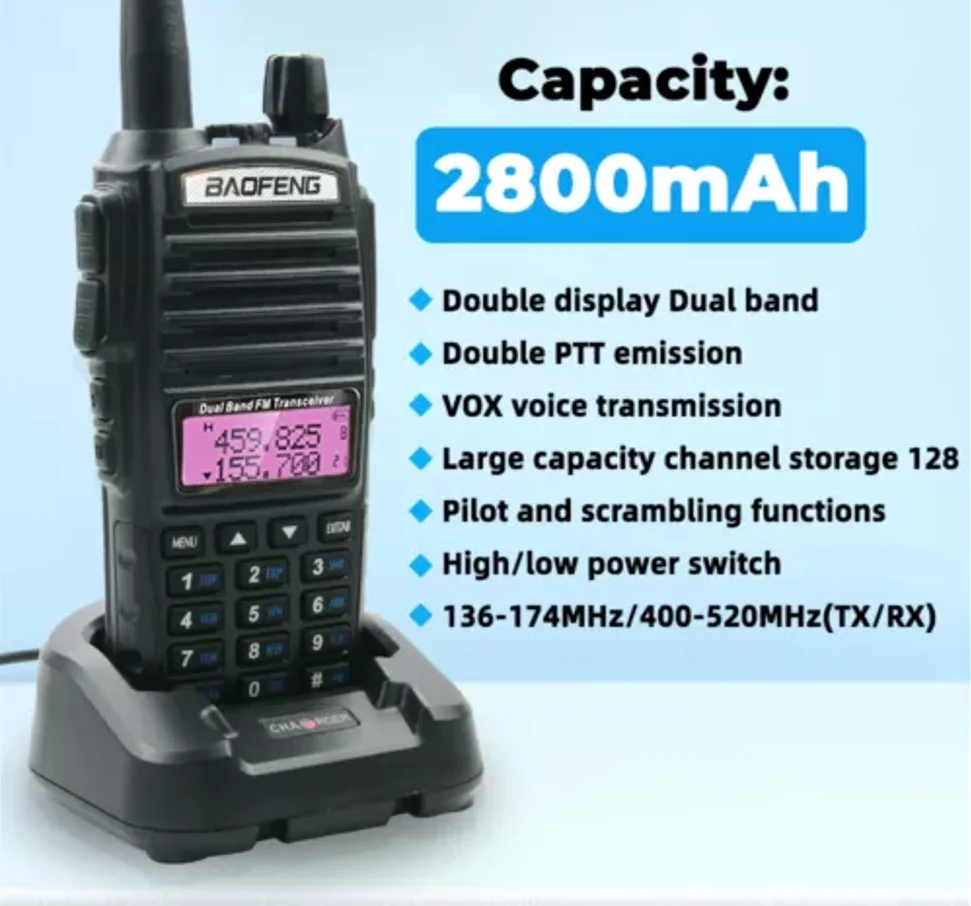 BaoFeng-Walkie Talkie de banda dupla real, rádio bidirecional, 8W, VHF, UHF, 2800mAh, UV-82