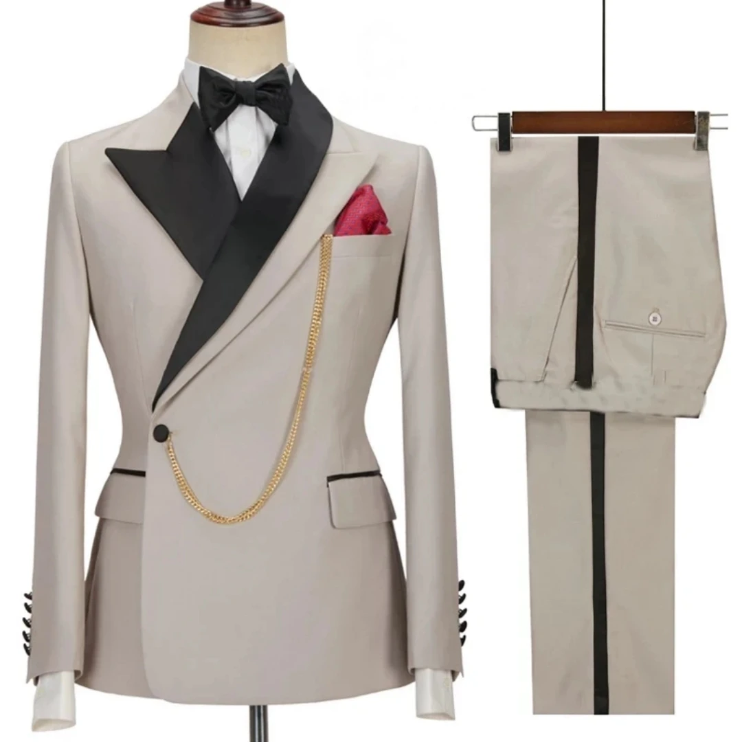 

Men Suit 2 Piece Beige With Black Peaked Lapel Single Button For Wedding Groom Banquet Work Business Casual Tuxedo Jacket Pants