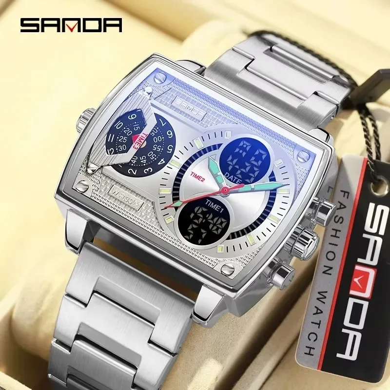 SANDA 6032 Quartz Watch Creative Dual Display Multi-functional Luminous Waterproof Cool Digital Watches for Men Men's Electronic