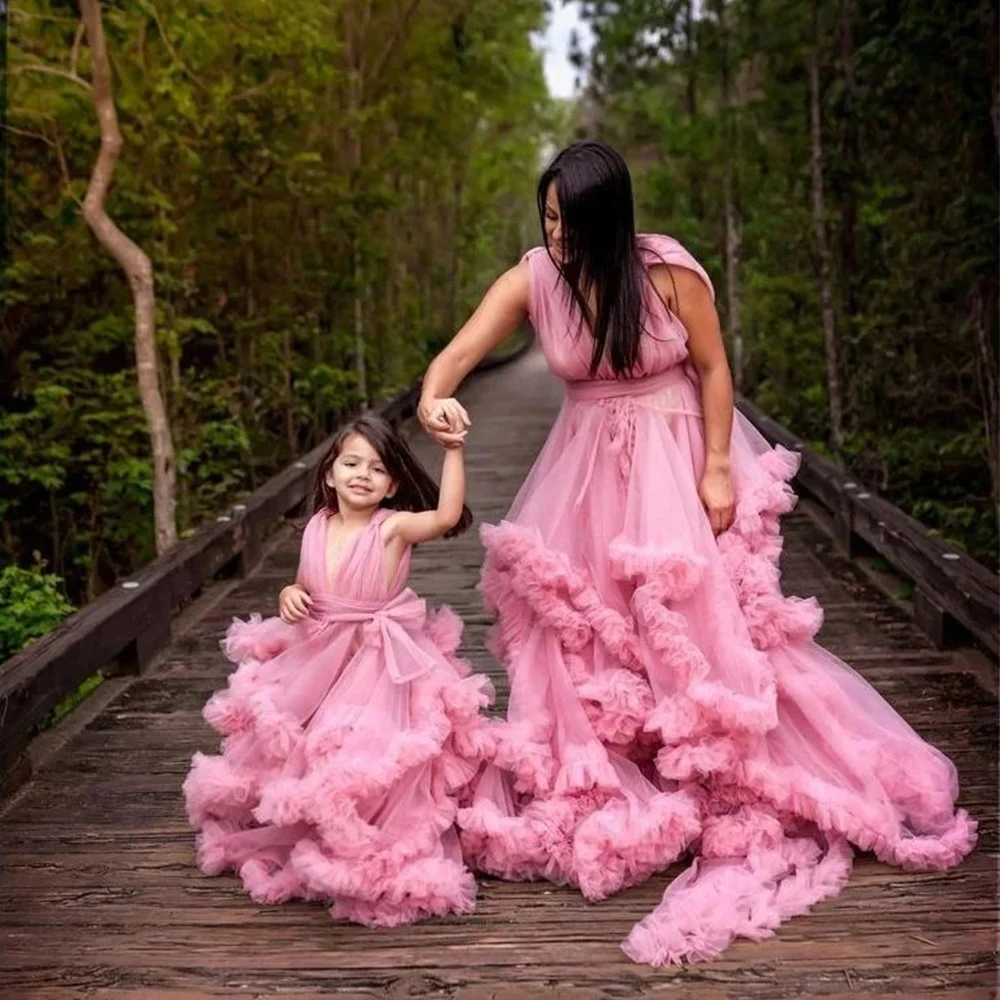 Sleeveless Fluffy Mesh Tutu Dress Mom and Daughter Princess Dress Fancy Prom Vestidos Elegant Pregnant Puffy Photoshoot Dresses