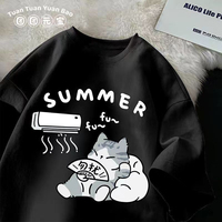 M-8XL Summer Men Oversize T-shirt Korean Casual Loose Style Kitten Blowing Fan Print T-shirt Suitable for Both Men Women