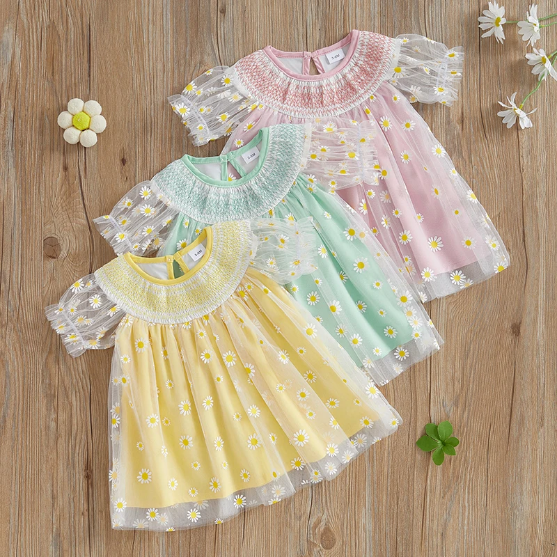 

Kids Baby Girls Party Dress Short Sleeve O Neck Daisy Print Tulle Sweet Dress Newborn Clothes