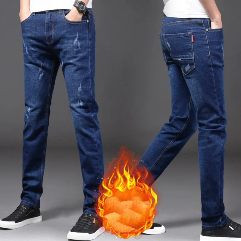 JEANS SLIM FIT ผู้ชายขาตรงแบบลำลองขาตรง, กางเกงขายาวผ้ากำมะหยี่หนาสำหรับฤดูใบไม้ร่วงและฤดูหนาว