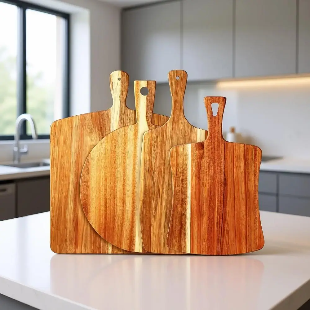 

Set of 4 Thick Acacia Wood Cutting Boards with Handles, Assorted Sizes for Serving Charcuterie, Cheese, Meat, Pizza, and More