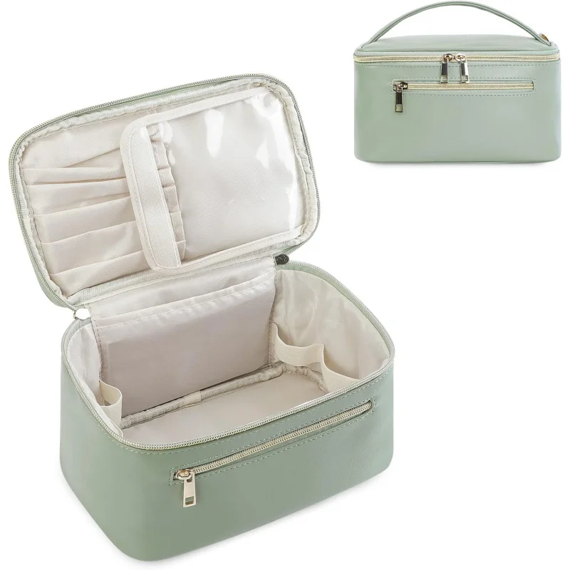 

Wandering Nature Makeup Bag, Travel Make Up Organizer Cosmetic Brush Bags Case For Women In Vegan Leather, Sage Green, Patent Pe