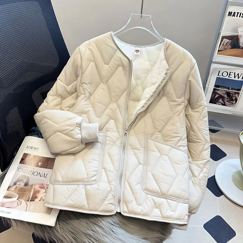 

Winter Thick Fleece Down Cotton Padded Jackets For Women Round Neck Long Sleeve Zipper Short Warm Coat Inner Liner Jacket