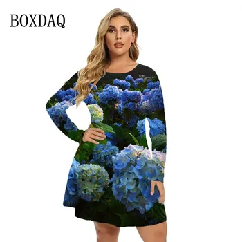 Plus Größe Frauen Kleidung 6XL Kleid 2023 Herbst Winter Lange Hülse Lose Kleid Vintage Casual Blume Drucken Natürliche Landschaft Kleid