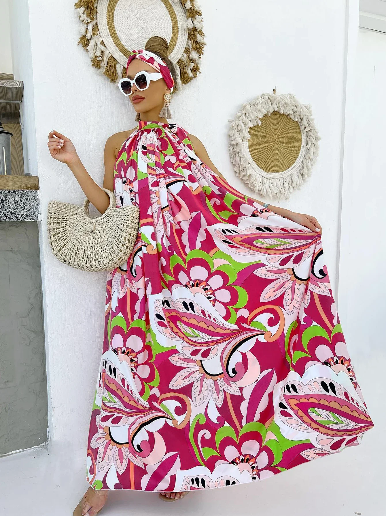 여성을위한 우아한 꽃 프린트 긴 드레스 2023 패션 홀터 비치 드레스 느슨한 여름 비키니 커버 휴가 Boho 가운