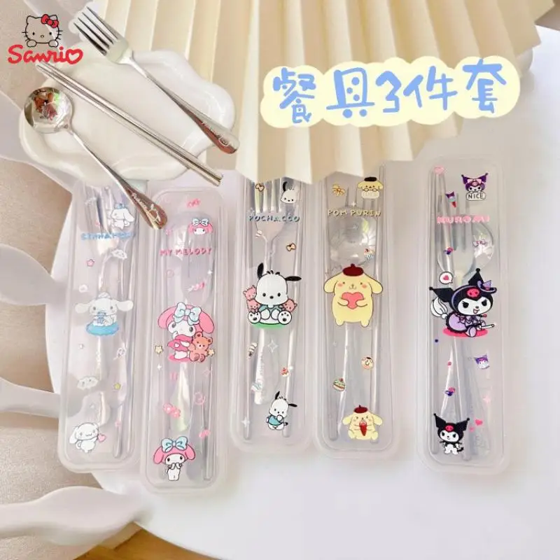 Sanrio Cutlery Cinnamoroll My Melody Kuromi Fork Spoon Chopsticks Pochacco Portable Camping Lunch Box Three Piece Tableware Set