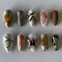 10Pcs Handmade Manicure Short Almond Fake Nails Summer New Cute Style Limited Nails Design with Adhesive Nail File Set