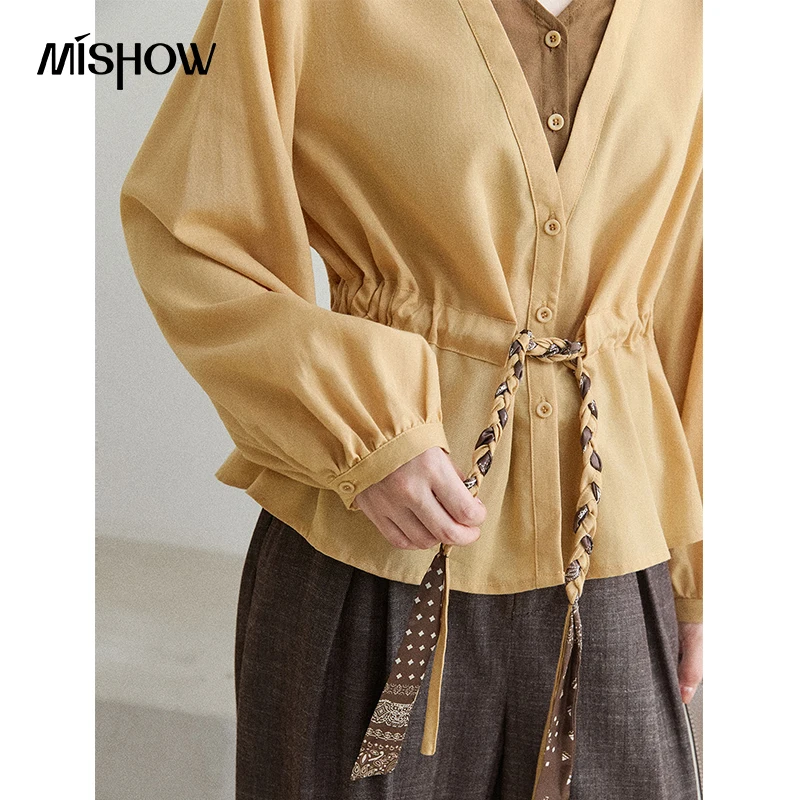 MISHOW Fake‑Two‑Piece Shirt 2026 Autumn 100%Lyocell V‑Neck Shirt Waist Drawstring Belted Elegant Versatile Casual Top MXF43C2548