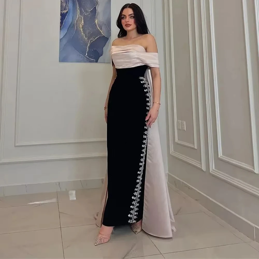 

Straight Prom Gown Backless Off Shoulder Contrast Color Ankle-Length Sexy Customized Evening Party Dress Exquisite Sequin Fashio