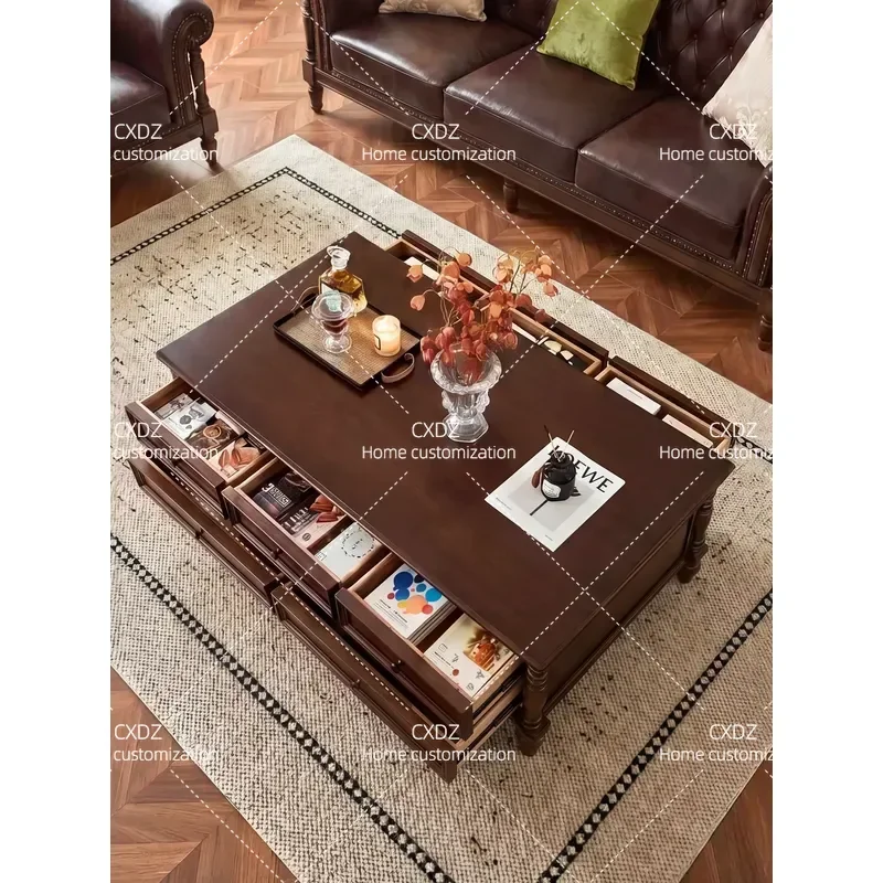 Solid Wood Rectangular Coffee Table Walnut Living Room Furniture Multi Drawer Storage Light Luxury American Country Style