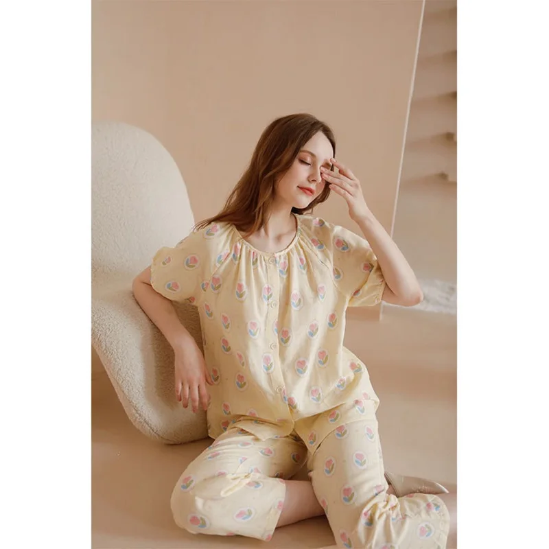 

Sweet Pure Cotton Short Sleeve Pajama Sets For Women Ankel-Length Pants Summer Autumn Loose Nightwear