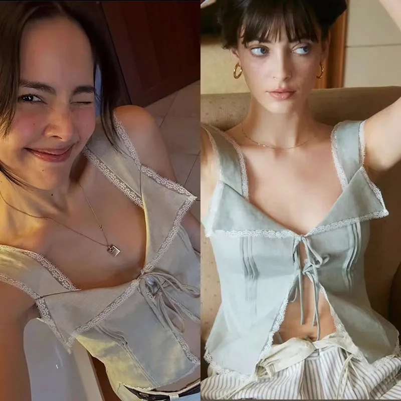 

Комплект женской летней повседневной одежды: топ и брюки с цветной кружевной отделкой Aron