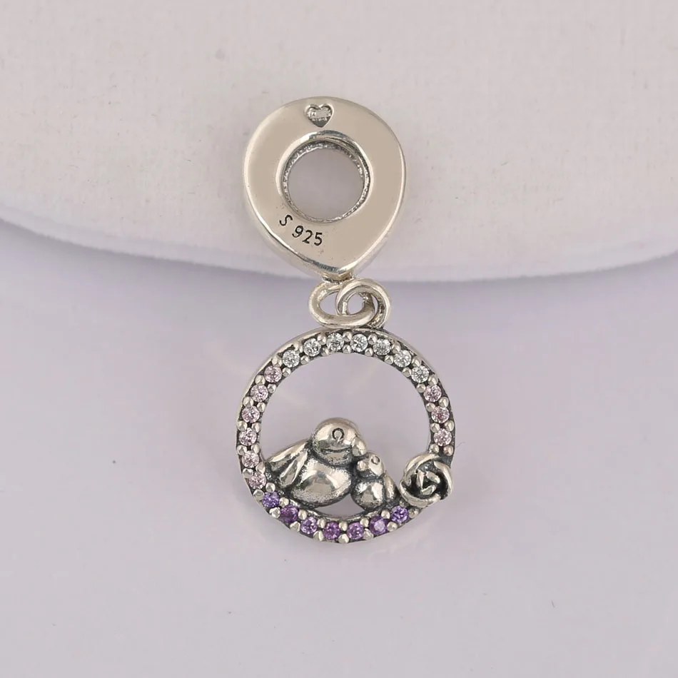 S925 Silver Bead Pendant Fit Women Bracelet & Bangle Mother & Baby Bird Dangle Charm Soft Pink & Lilac Crystals & Clear CZ