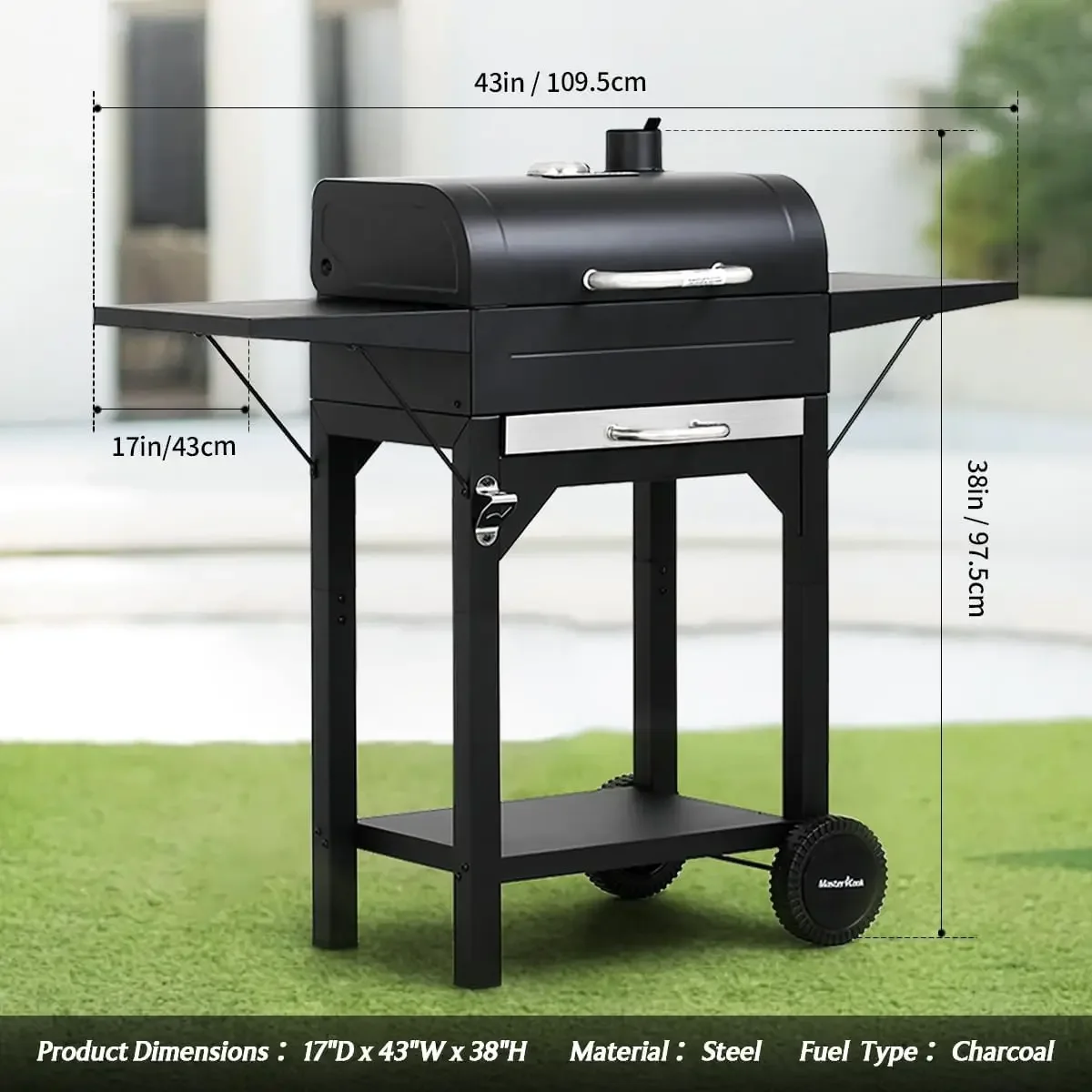 MASTER COOK Charcoal Grill with Two Side Tables Heavy-duty Steel Barbecue BBQ Grill Outdoor Picnic Backyard Patio Parties