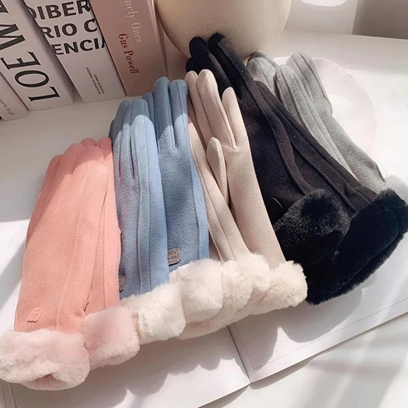 

Women Winter Thick Plush Gloves Fashion Warm Suede Outdoor Guantes Lady Touchscreen Driving Gloves Sports Cycling Mittens
