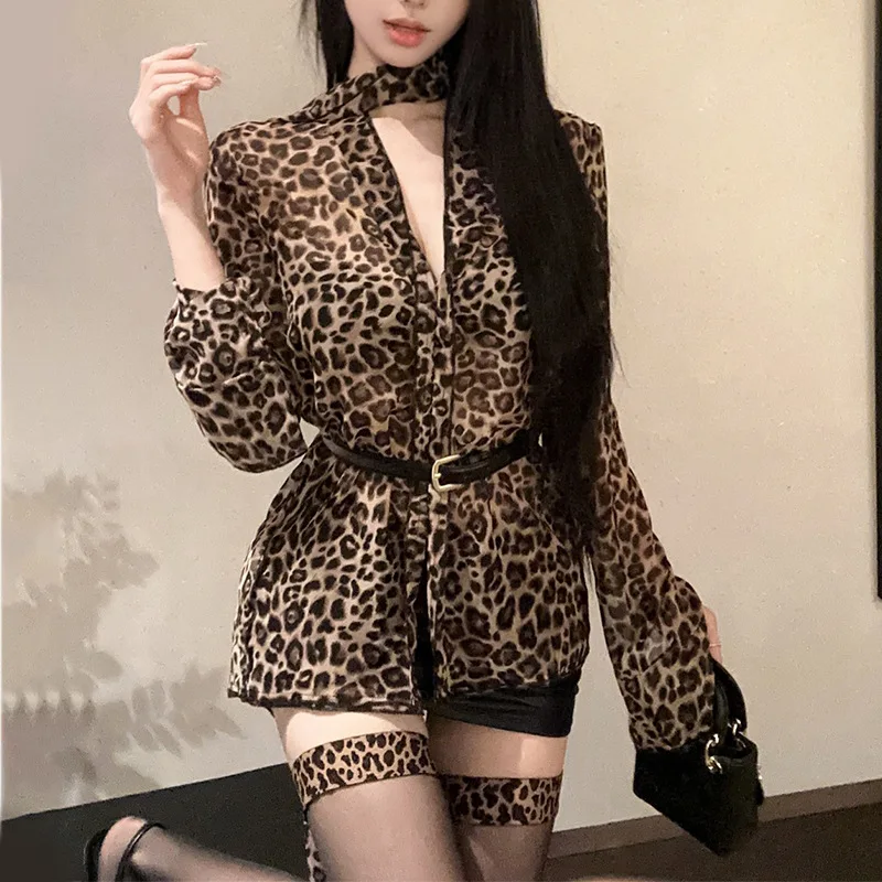 

European and American New French Style Desire Long SleeveVWomen's Leopard Print Shirt Spring Autumn Unique Blouse PG5786