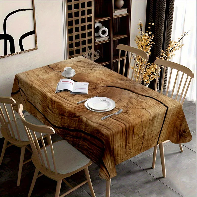1pc Realistic Wood Grain Tablecloth - Soft Fabric with Natural Wood Texture, Beige/Brown Rectangular Table Cover for Dining, Cof