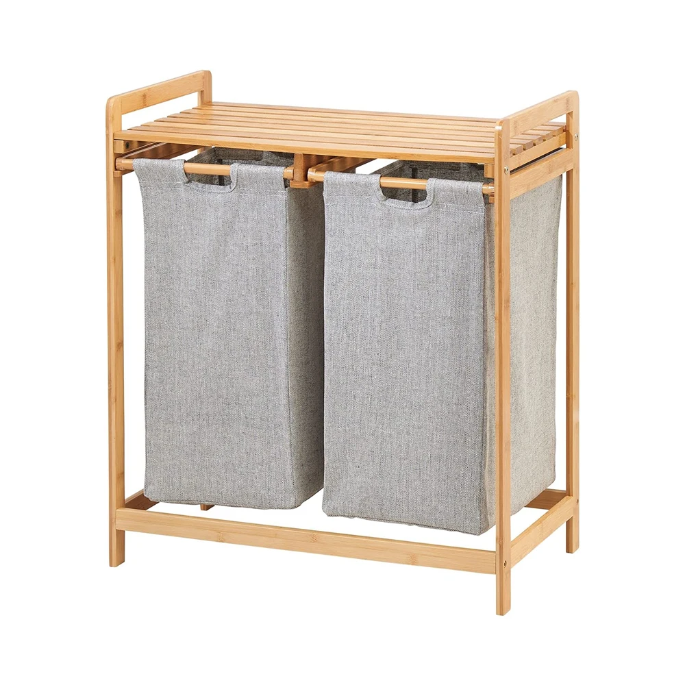 2-section independent double laundry storage basket with detachable  sorting bag saves space bamboo  