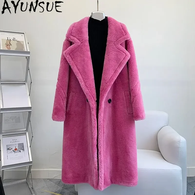 

AYUNSUE High Street 100% Sheep Shearing Jackets Women Winter 2023 Warm Wool Coats Pink Fur Coat Women Jacket Outwear Jaquetas