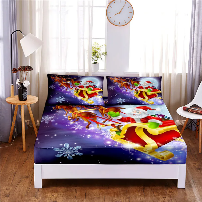 

Christmas Digital Printed 3pc Polyester Fitted Sheet Mattress Cover Four Corners with Elastic Band Bed Sheet Pillowcase