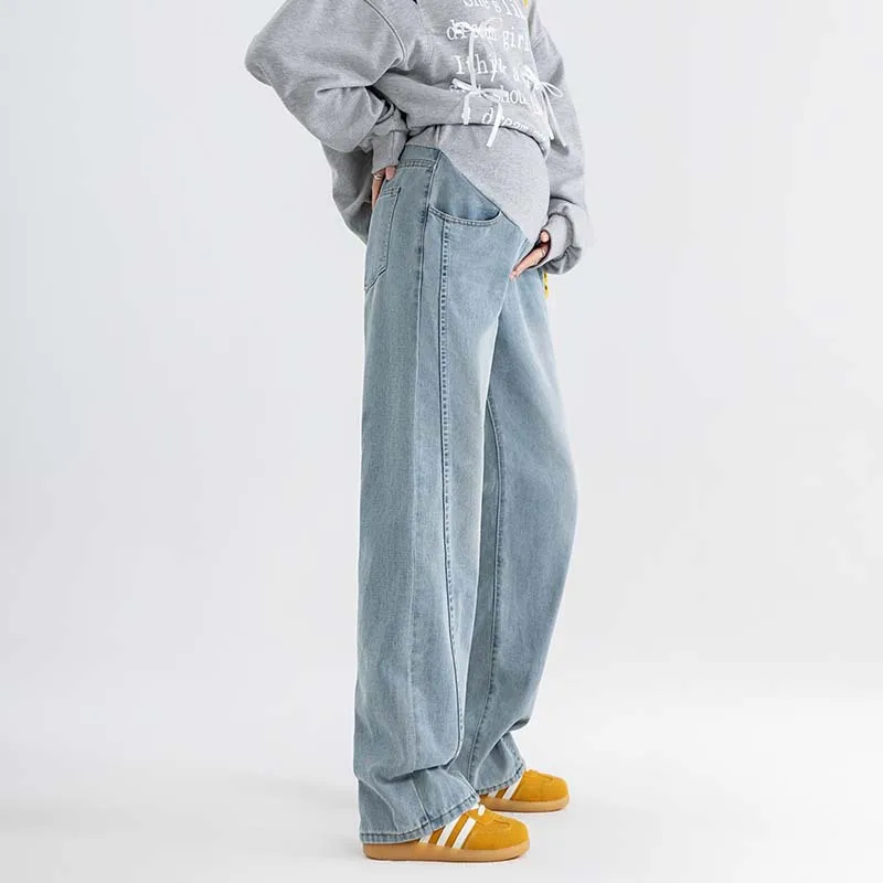 Pregnant Women Straight Denim Pants Maternity Belly Support Loose Jeans Trousers New 2026 Spring Casual Pregnancy Clothing