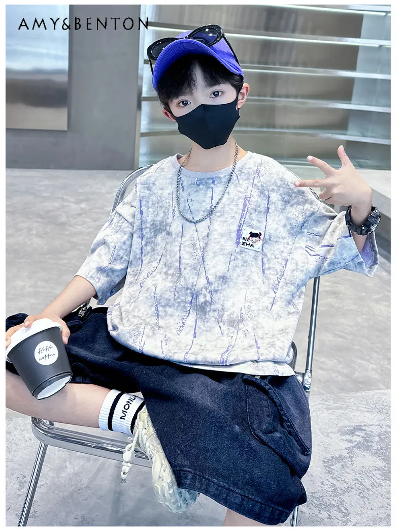 

Cool Boys 2026 New Summer Fashion Tie-dye Short Sleeve T-shirt Kids Soft O-neck Loose Breathable Versatile Casual Sporty Tee