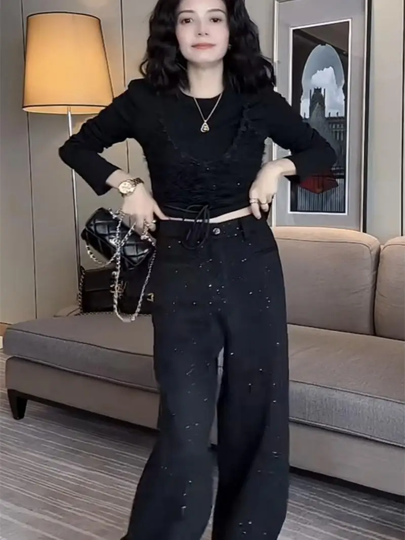 Cseta de Moda con Cuello Redondo y Tirantes de Encaje, Estilo E, Top Casual de Manga Larga para Mujer, Estilo Infor...