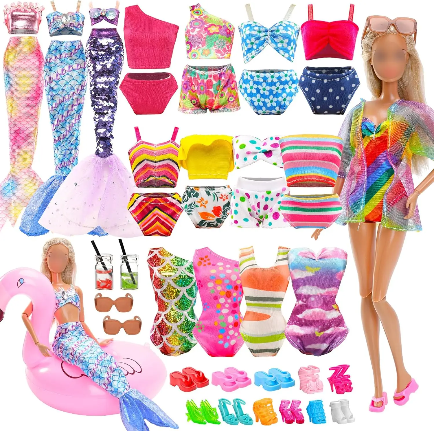 Barwa 20 PCS Doll Clothes Swimwear Beach Bathing Set 5 Bikini Swimsuit, Coat, Mermaid Dress, 5 Shoes, 3 Slippers, Swimming Ring