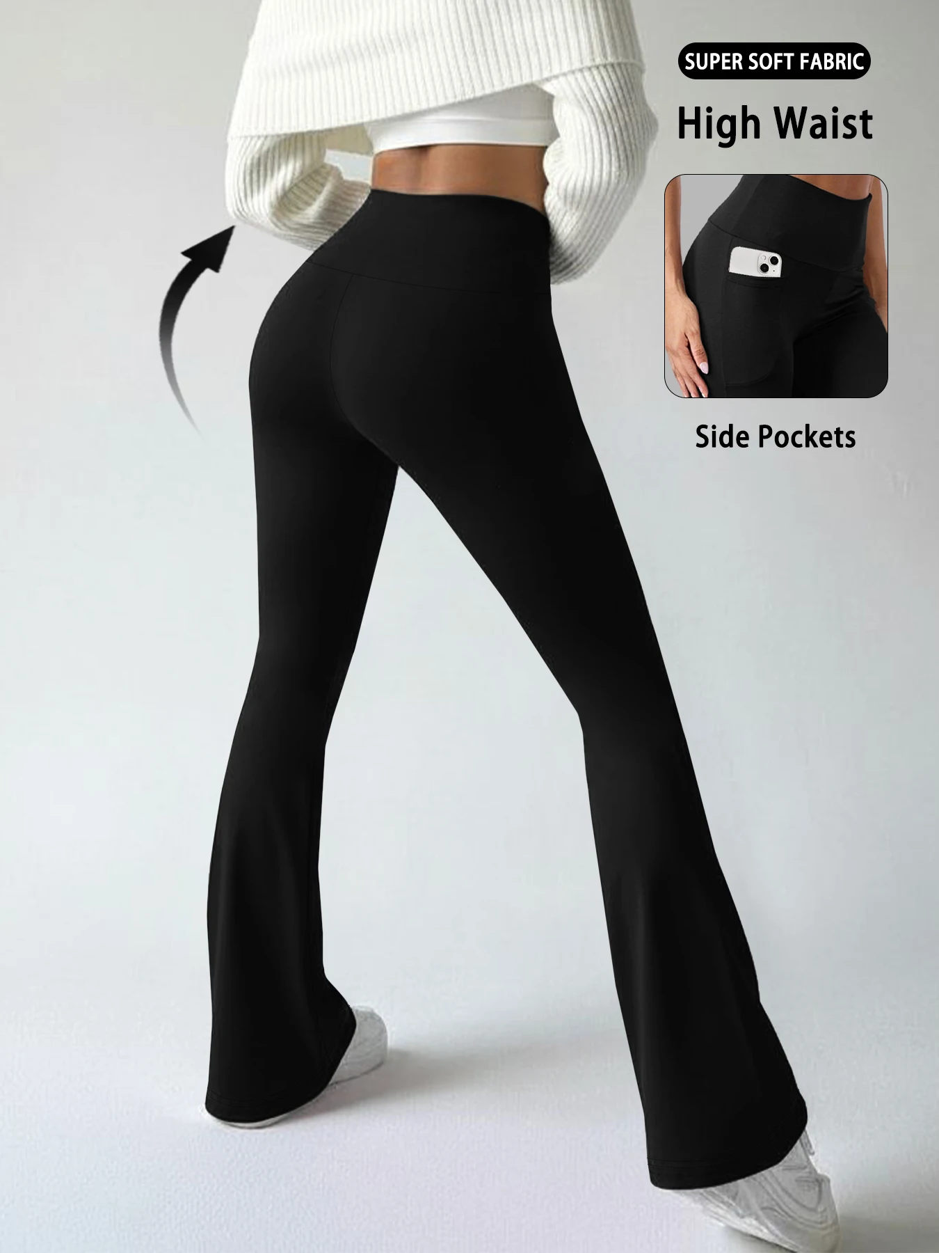 Leggings flare de cintura alta com bolsos – Calças push up femininas super macias com controle de barriga para ioga, academia, fitness, calças de sino