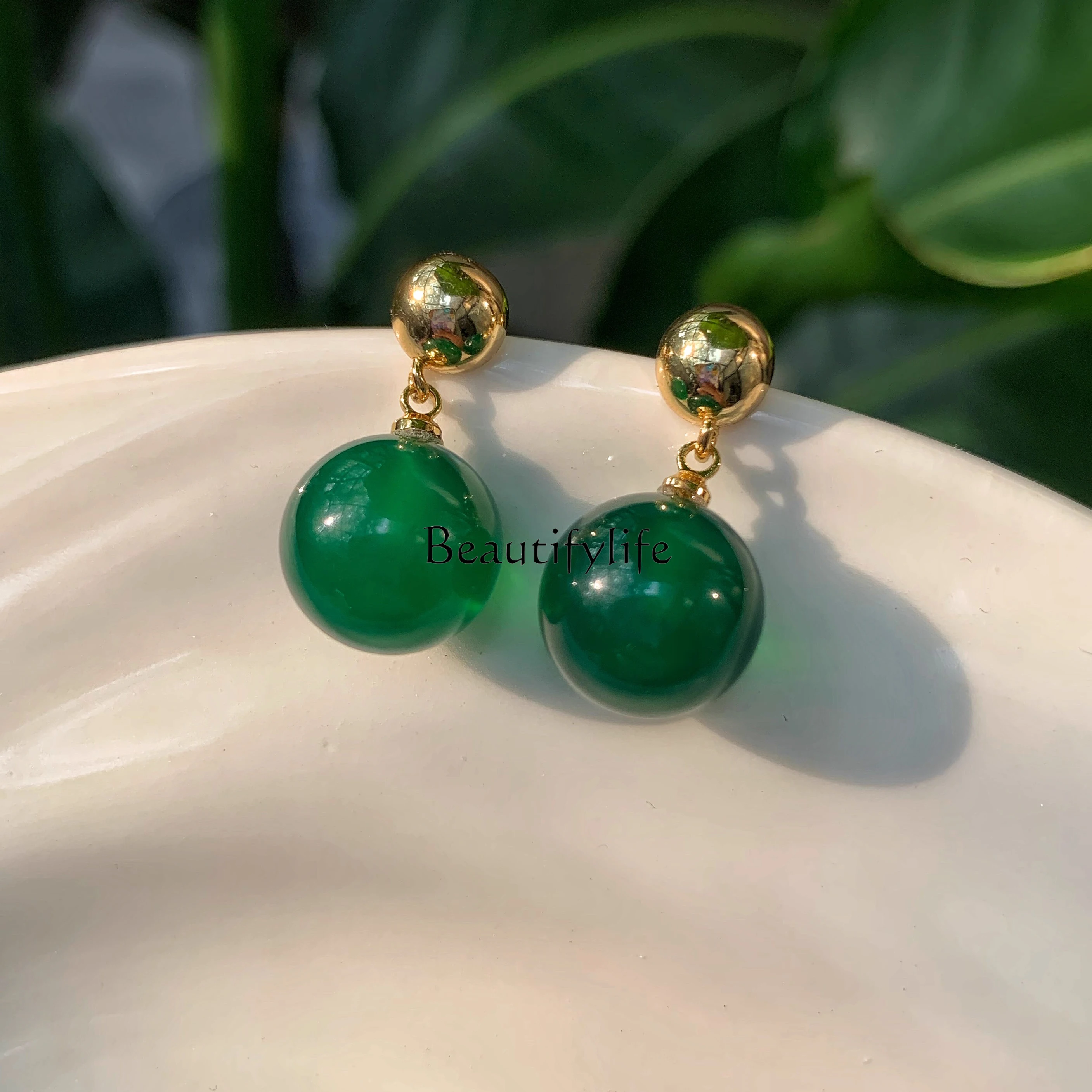 

Green Agate Stud Earrings Sterling Silver New Chinese Style Niche Design Earrings