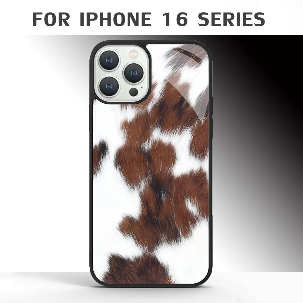 Brown Spotted Cowhide Phone Case For IPhone 16 16pro 16plus 16promax Pro Plus Max Mirror Acrylic PC TPU Cover