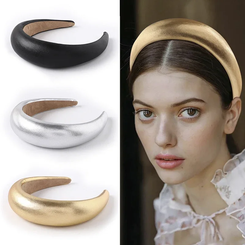 Luxury Women PU Padded Wide Sponge Headband Solid Sweet Gold Silver Color Lady Hair Hoop Vintage Party Stretchy Thick Headpiece