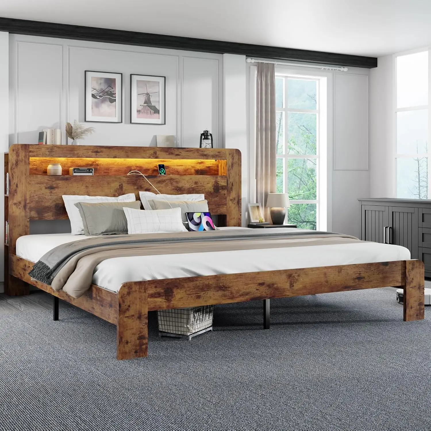 King Wooden Bed Frame Bookcase Headboard Rustic LED Light Charging Station Slat Support No Box Spring, Customized