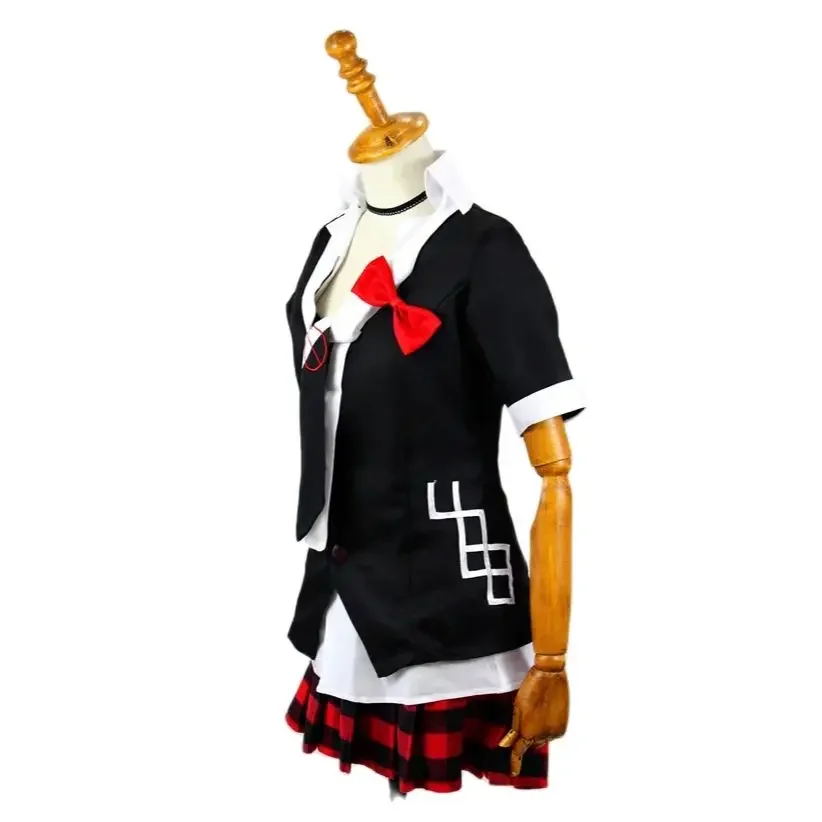 Anime Game Danganronpa Cosplay Kostuum Enoshima Junko Uniform Café Werk Clothe Korte Rok Monokuma Hoofddeksels Dubbele Paardenstaart Pruik