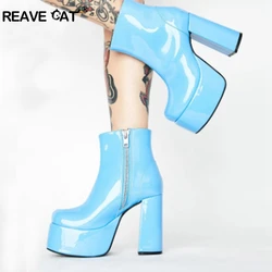 REAVE CAT 2022 Damskie botki za kostkę Zip Round Toe Platforms Candy Color Punk 8cm Chunky Heel US12 Żółty Zielony Fioletowy Pomarańczowy A4367