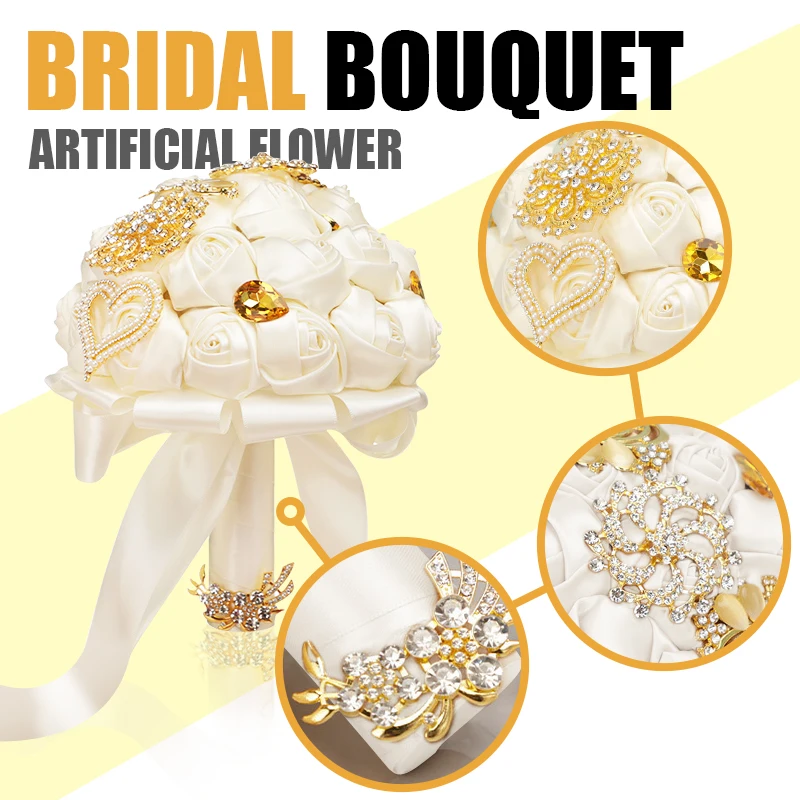 Rhinestone Bridal Bouquet Artificial Holding Flowers Diamond Brooch Bridesmaid Wedding Bouquets with Silk Ribbon Wedding Decor