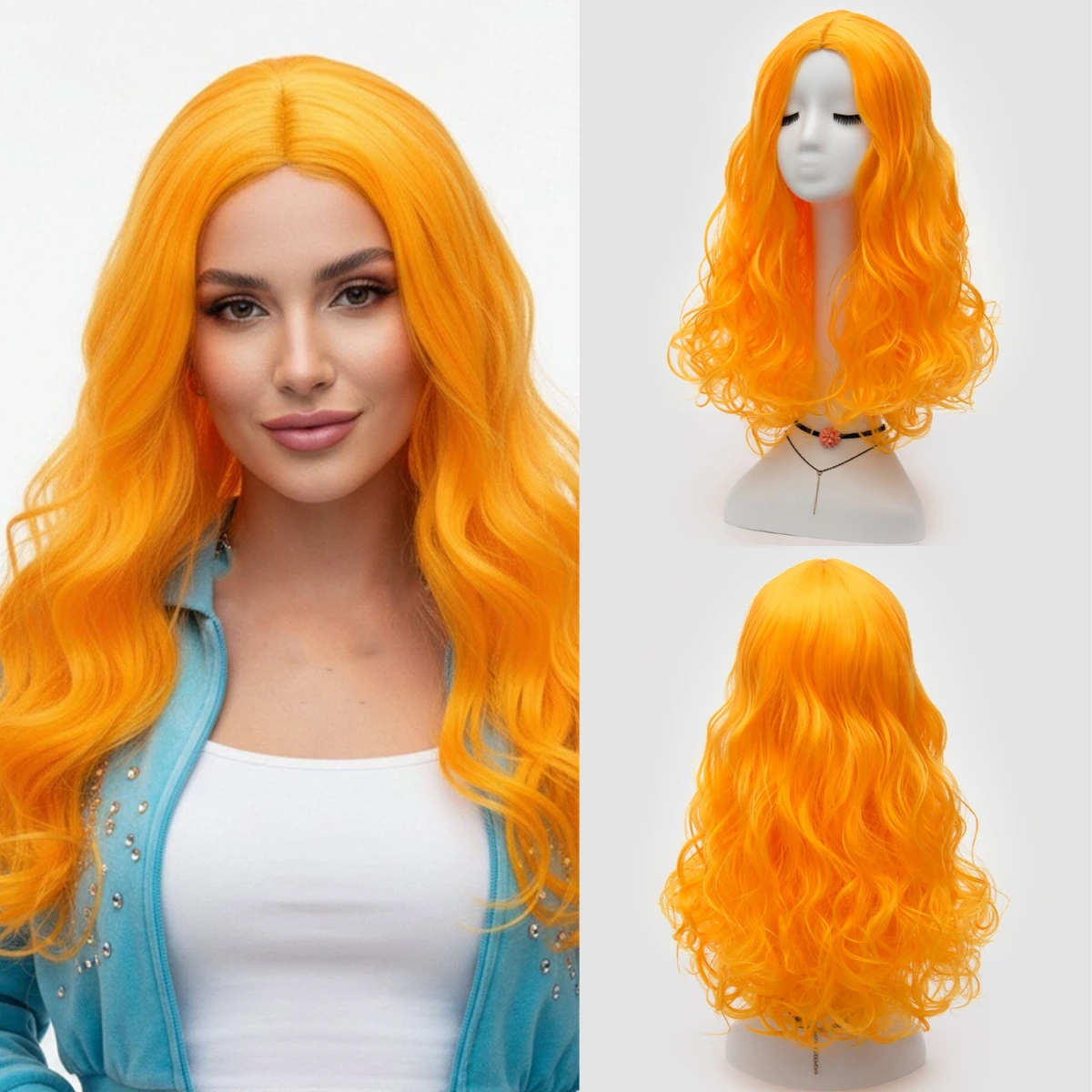

Women’s Short Wavy Synthetic Orange Wig Middle Part Line Heat Resistant for Halloween Christmas Cosplay Daily Wear