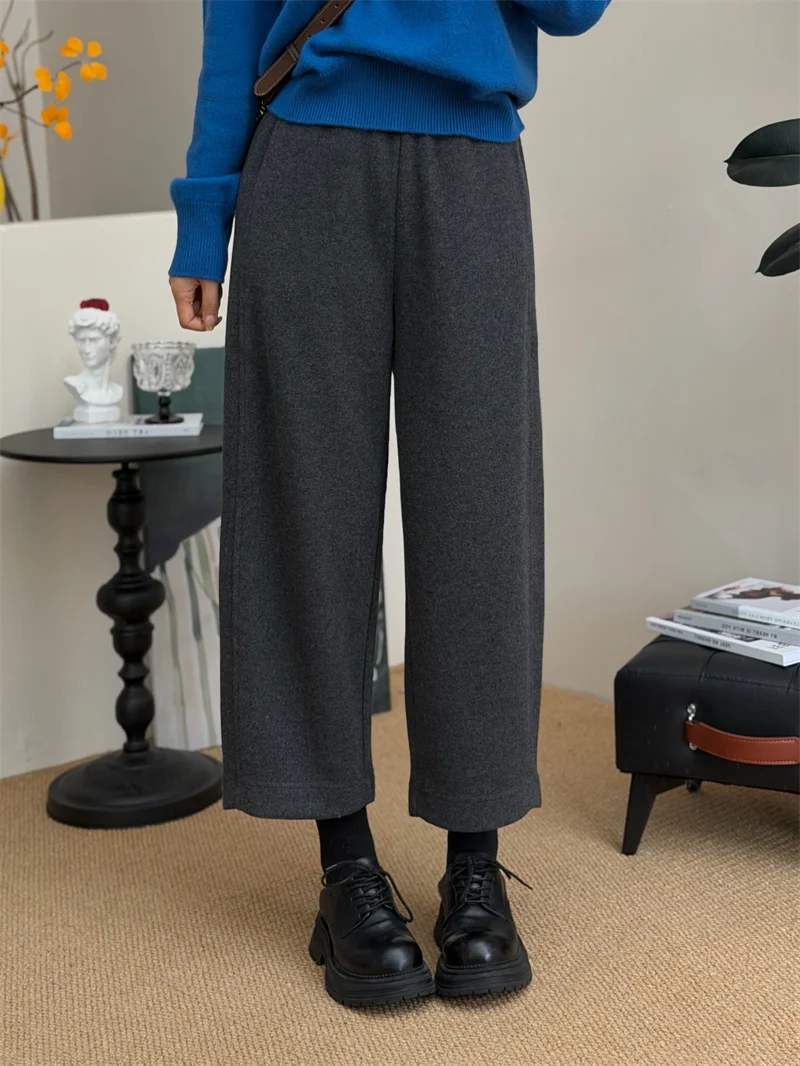 

Women's High Waist Wide Leg Pants Woolen Lyocell Polyester Blend Nine Points Elastic Waist Loose Slimming Autumn Winte...