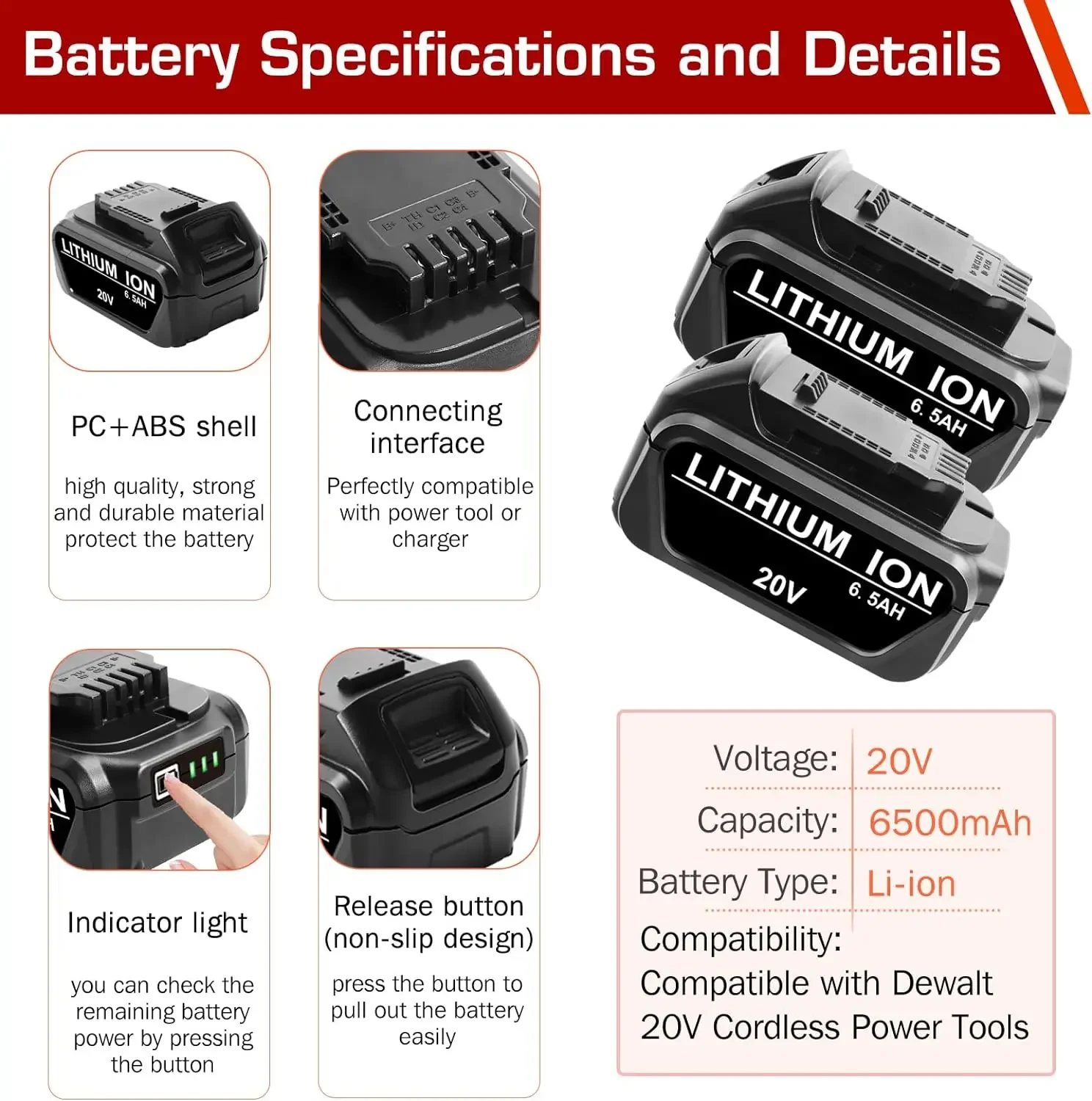 Paquete de 2 baterías de repuesto de 20V y 6,5Ah para batería Dewalt de 20V DCB200 DCB201 DCB203 DCB204 DCB206, batería Compatible con