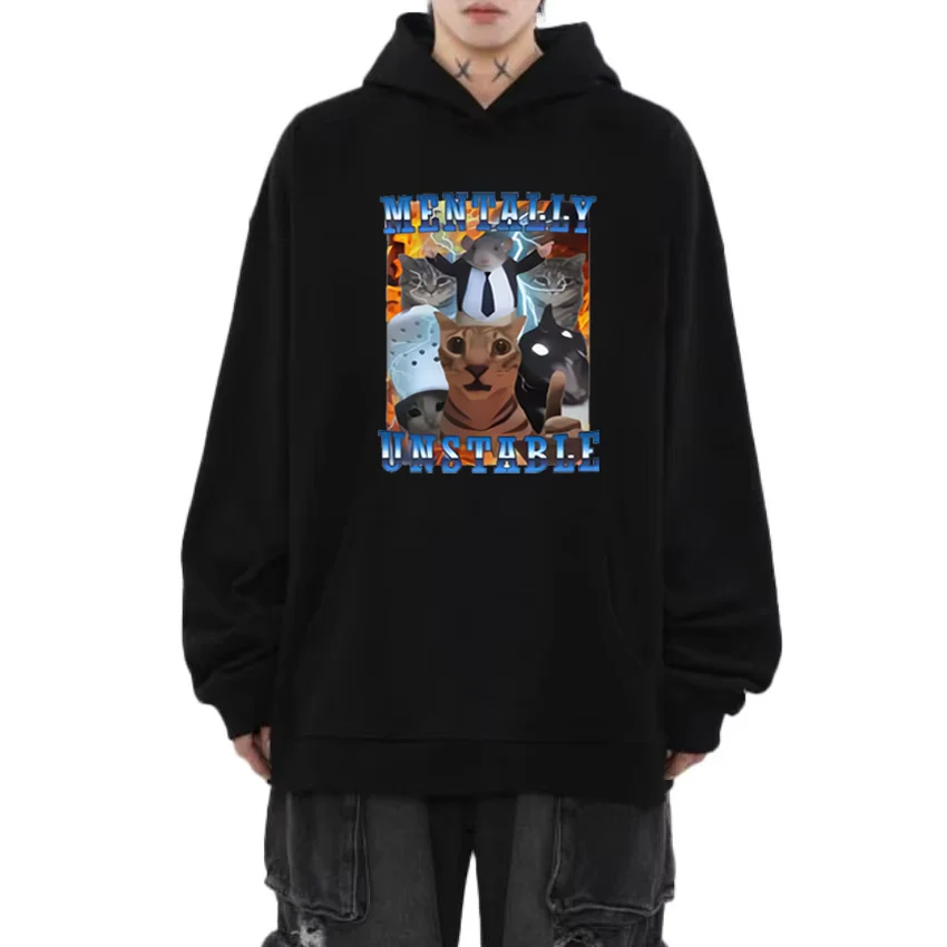 

Mentally Unstable Funny Cat Vintage Graphics Hoodie Men Women Autumn oversized hoodie Unisex Casual Fleece Long sleeve pullovers