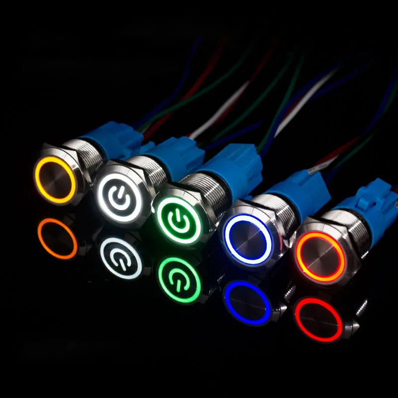 금속 푸시 단추 온 오프 스위치 전원 LED 조명, 방수 평면 원형 단추, 3V, 6V, 12V, 24V, 110V, 220V, ip65, 12mm, 16mm, 19mm, 22mm 