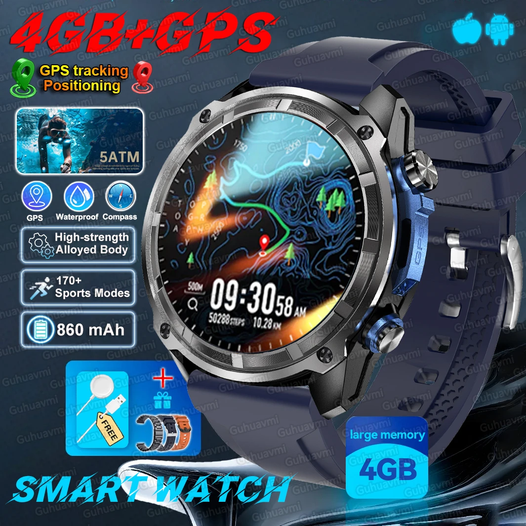 สมาร์ทวอทช์ GPS รุ่นใหม่ ปี 2025 หน่วยความจำ 4GB แสดงผลตลอดเวลา กันน้ำ 5ATM นาฬิกาว่ายน้ำ แบตเตอรี่ 860mAh เข็มทิศ รองรับโหมดกีฬามากกว่า 170 โหมด สำหรับ Huawei Xiaomi