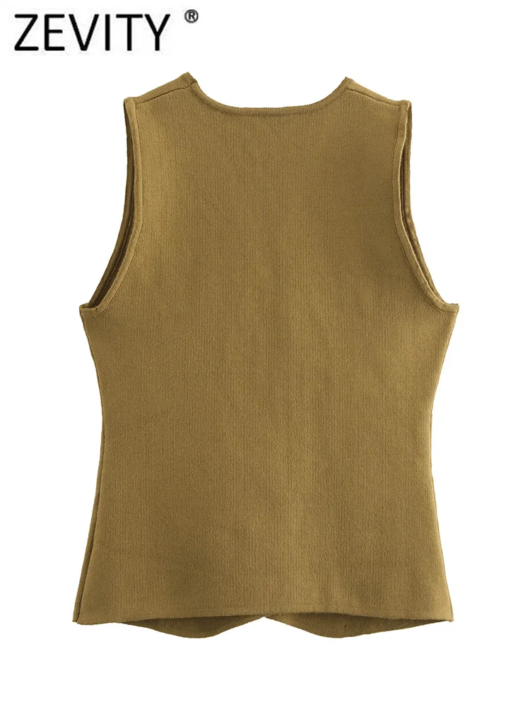 Zevity Women Fashion V Neck Sleeveless Golden Button Knitting Vest Sweater Female Chic Pockets Waistcoat Pullovers Tops SW7144