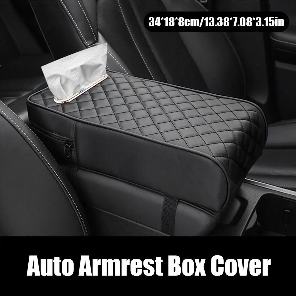 

Car Armrest Cover Leather With Tissue Storage Memory Foam Height Pad Universal Auto Center Armrest Protective Cushion Support