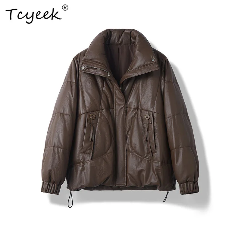 เสื้อแจ็คเก็ตหนังแท้สำหรับผู้หญิงไซส์ใหญ่ แบรนด์ Tcyeek ขนเป็ดขาว หนังแกะ สำหรับฤดูใบไม้ร่วงและฤดูหนาว ดีไซน์ปกเสื้อแบบลาペル ระดับไฮเอนด์