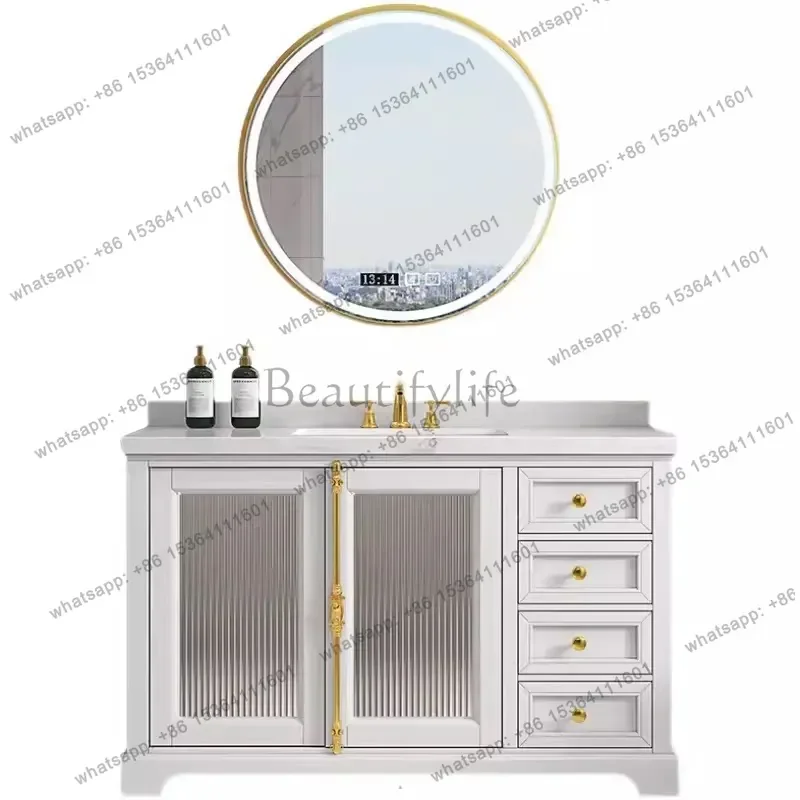 Light luxury American oak bathroom cabinet combination rock slab seamless basin washstand French solid wood bathroom cabinet